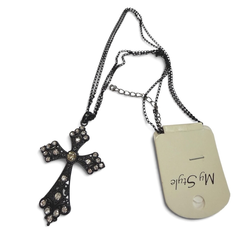 Cross Necklace Women OS Black Rhinestone Filigree Gothic Goth Grunge Witchy NWT